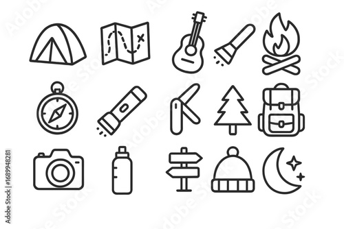 Camping and outdoor adventure line icon set. Hiking essentials and nature exploration symbols. Vector outline illustration of camp equipment like tent, map, and campfire.