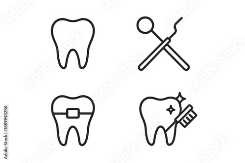Tooth and Dentistry Icon Set with Braces, Cleaning Tools, and Dental Care Elements, Minimalistic Linear Pictograms for Web Design, Apps, Banners, Social Media, and Graphic Projects