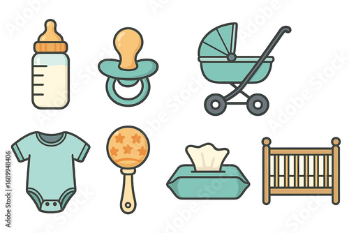 Essential baby care icon set. Vector collection of newborn items: milk bottle, pacifier, stroller, onesie, rattle, wipes, crib. Flat cartoon design for a baby shower.