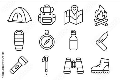 Vector icon set of camping and hiking essentials. Outline illustration of outdoor adventure gear like tent, backpack, campfire, compass, map. Survival & travel symbols.