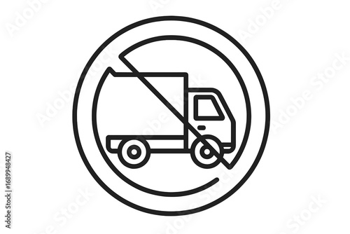 No trucks sign icon. Vector line symbol for no delivery or heavy vehicles. Road traffic prohibition and restriction warning pictogram. Forbidden freight transport outline illustration.