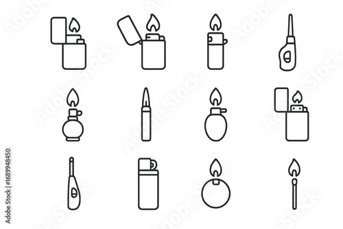 Lighter and fire line icon set. Collection of outline symbols for smoking, camping and survival. Includes matchstick, flame, and various lighter types. Vector graphic design element.
