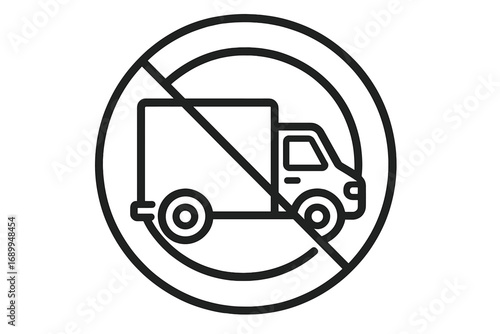No trucks sign icon. Vector line symbol of prohibited delivery vehicle. Transport ban for traffic regulation. No lorry or heavy goods vehicle entry. Outline pictogram illustration.