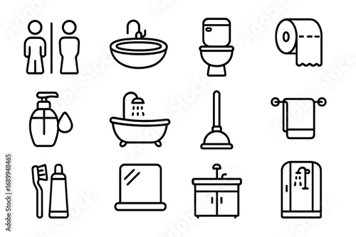 Bathroom and toilet line icon set. Vector collection of outline symbols for web, graphic design, and mobile apps. Restroom, hygiene, and sanitary pictograms pack. Washroom signs.