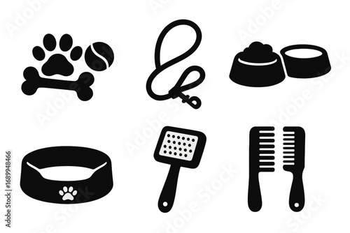 Pet care essentials icon set. Vector silhouettes of dog accessories for grooming, feeding, and walking. Collection of isolated symbols: leash, bowl, bed, brush, bone, and toy.