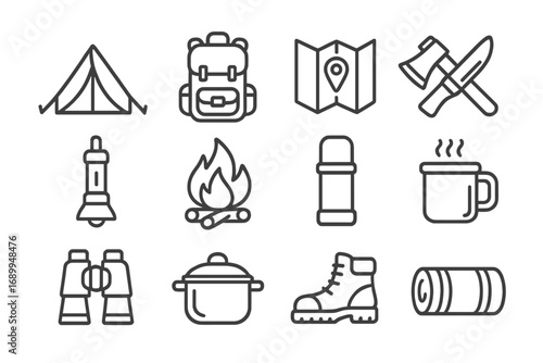 Camping icon set, outline style. Hiking, travel, outdoor adventure gear icons. Vector illustration. Survival equipment for expedition. Tent, backpack, map, campfire symbols.
