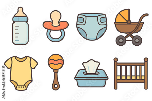 Essential baby icon set. Newborn care items collection: bottle, pacifier, diaper, stroller, bodysuit, rattle, wipes, crib. Vector cartoon illustration for baby shower design.