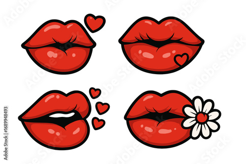 Red lips vector set. Cartoon pop art mouth kissing with heart and flower. Sexy comic sticker collection. Concept for love, romance, beauty, Valentine's day. Female mouth icon.