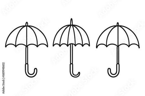 Set of three umbrellas line art icons. Simple parasol vector illustration with editable stroke. Concept of rain, weather, protection, safety, insurance. Minimalist outline.