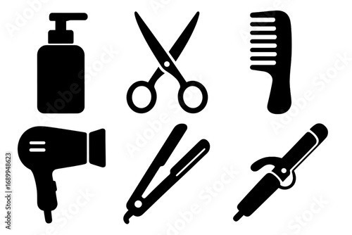 Hair styling tools icon set. Hairdresser and barber shop equipment silhouette collection. Vector graphic with scissors, comb, hairdryer, straightener, shampoo, curling iron.