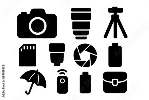Photography equipment icon set. Camera, lens, tripod, flash, memory card. Vector glyph symbols for photographer & videographer. Professional gear silhouette collection.