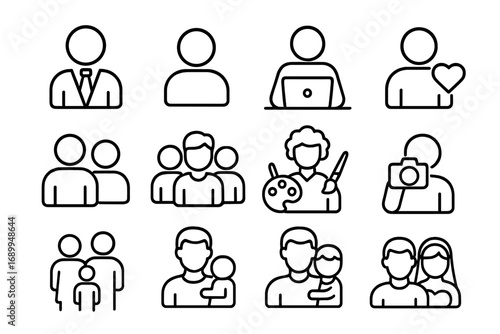 User Related Outline Symbol Set with Staff, People, Work, Hobbies, Family Icons for Graphic Design, Web Design, Cards, Books, Articles, Vector Cartoon Style