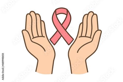 Isolated pink ribbon with open hands icon, symbolizing breast cancer awareness, support, care, health, hope, and protection, vector cartoon illustration for graphics and apps