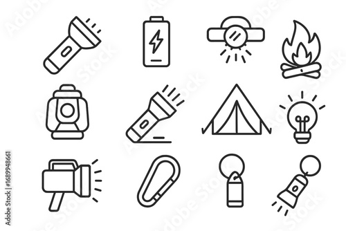Camping and hiking equipment line icon set. Outdoor adventure and survival gear outline symbols. Vector flashlight, lantern, tent, campfire, and battery icons for web and apps.