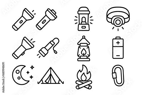Set of camping and hiking line icons. Outdoor adventure and travel equipment symbols. Flashlight, lantern, headlamp, tent, campfire, battery, and carabiner outline signs.
