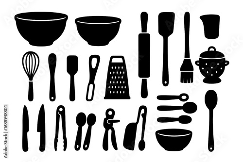 Kitchen utensils silhouette vector set. Cooking and baking tools icon collection. Includes bowl, whisk, spatula, grater, rolling pin. Black kitchenware equipment graphic.