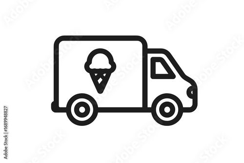 Ice cream truck vector icon. Food truck, mobile van concept. Summer sweet dessert delivery. Gelato, frozen yogurt, snack transportation symbol. Minimal outline graphic illustration.