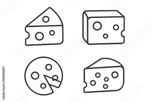 Cheese icon set in outline style. Vector collection of different cheese types. Dairy and gourmet food icons. Swiss cheese wedge, block, and wheel for food projects.