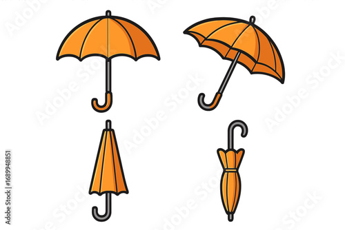 Umbrella icon set for graphic design. Vector cartoon illustration of open and closed parasols. Weather protection symbol for rain or sun. Simple flat bumbershoot graphic.