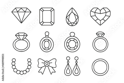 Jewelry line icon set. Vector outline signs of diamond, gem, ring, earring, necklace, pendant for web. Precious stone and luxury accessory simple pictograms for design.