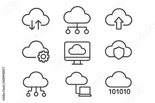 Cloud computing outline icon set. Network technology vector collection. Data storage, server, security, upload concepts. Digital transfer and hosting symbols. Line art on transparent.