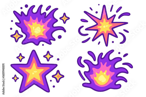 Comic explosion burst and star vector set. Cartoon bang and boom effect elements. Abstract energy flash splash collection for pop art design. Colorful graphic illustration icons.