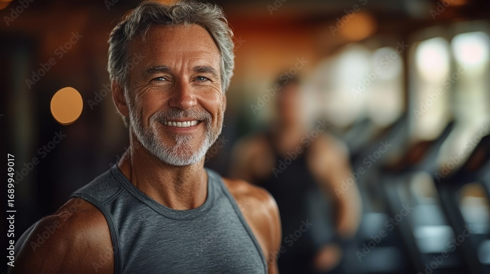 Obraz premium Smiling mature man with gray hair and beard wearing sleeveless athletic shirt in gym environment with blurred background