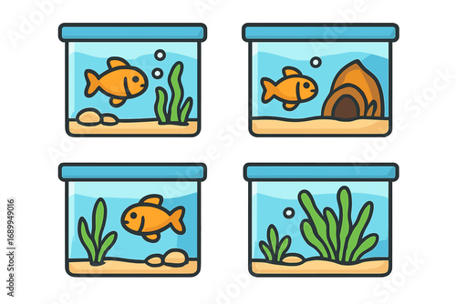 Set of aquarium vector icons. Goldfish in a fish tank. Cartoon illustration of a pet fish swimming in water with seaweed, sand and bubbles. Aquatic life concept design.