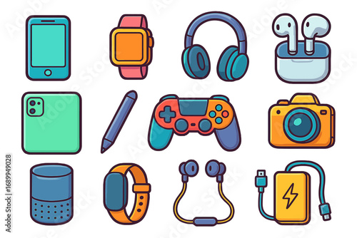 Modern gadgets and technology accessories icon set. Vector cartoon flat illustration. Smartphone, smartwatch, headphones, earbuds, game controller, camera, power bank, smart speaker.