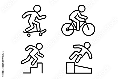 Extreme sports line icon set. Parkour, skateboarding, cycling outline pictograms. Urban activity, action concept. Vector illustration people symbol. Linear graphic elements.