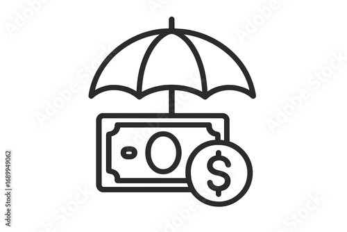 Money under umbrella icon. Financial protection, insurance coverage concept. Secure savings, investment safety, and wealth management. Income stability and economic guarantee metaphor.