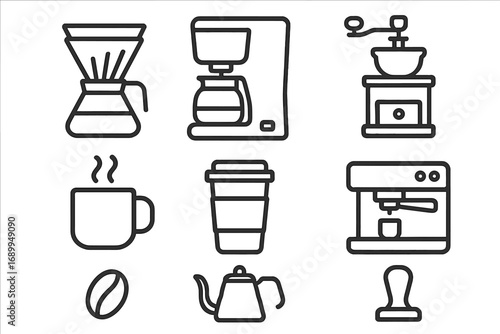 Coffee equipment outline icon set. Vector collection of coffee making tools like brewer, grinder, cup, and espresso machine. Barista accessories for cafe or kitchen. Line art.