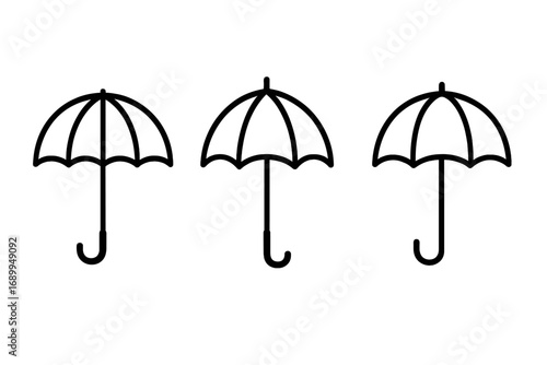 Umbrella line icon set. Vector graphic symbols for weather, rain, and sun protection. Simple black outline parasol and bumbershoot pictograms. Isolated design elements.