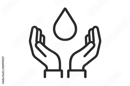 Save water concept. Hands catch drop. Water conservation, donation, charity. Ecology, environment protection. Pure, fresh, clean drink. Care, help symbol. Vector outline icon.