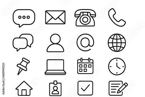 Communication and office outline icon set. Business contact us symbols. Messaging, mail, phone, user profile, schedule and web icons. Vector graphic elements for website and app.