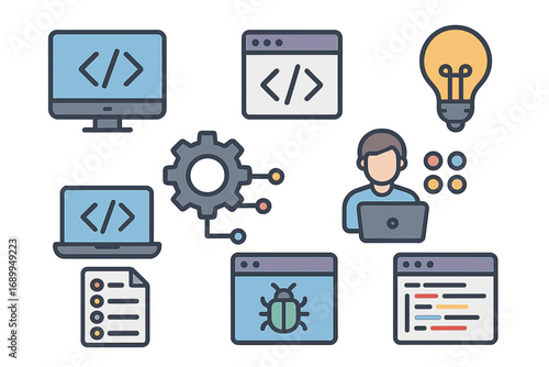 Software development icon set. Programming, coding, web dev, API, and debugging concepts. Programmer at work, lightbulb idea. Flat cartoon vector IT illustration.