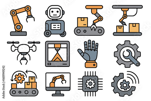 Robotics and automation icon set. Vector collection of modern technology for industry and engineering. Concepts for smart factory, AI, drone, 3D printing and production.