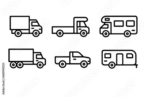 Truck and motorhome line icon set. Vector outline symbols for transport, delivery, and logistics. Includes pickup, RV, camper, trailer, and lorry for web, apps, and UI design.