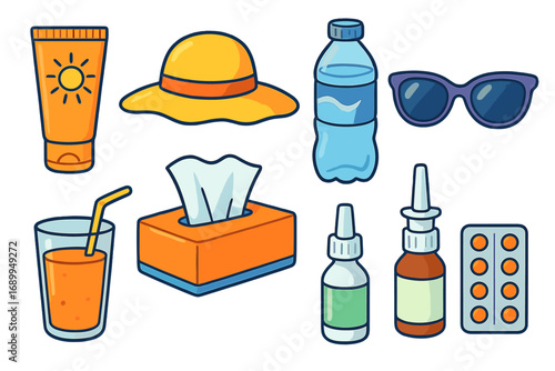 Summer essentials and allergy relief icon set. Vector cartoon illustrations of sunscreen, sun hat, sunglasses, water, and medicine for hay fever, cold, and flu treatment.