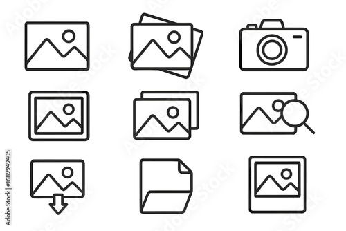Image line icon set. Picture, photo, gallery symbol collection. Photography camera, search, download signs. Editable stroke vector illustration for web, UI, UX, app design.