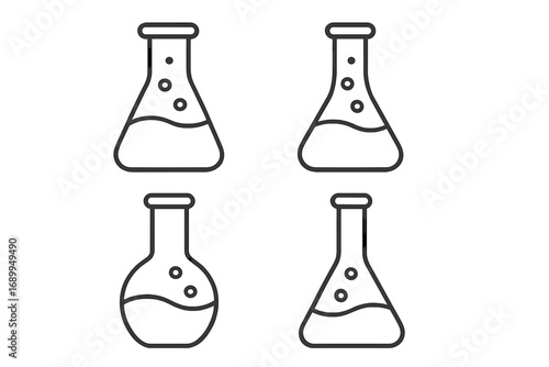 Laboratory flask outline vector set, linear science icons for graphic design, chemical experiment illustrations, science lab equipment symbols for web, app, advertisements, and cards