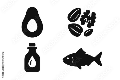Healthy fats vector icon set. Silhouette of food sources like avocado, nuts, seeds, fish, olive oil. Concept for nutrition, keto diet, omega-3, heart health, good cholesterol.