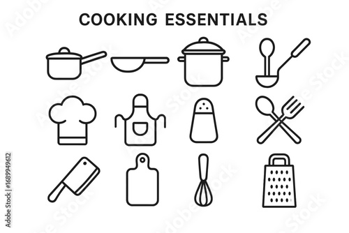 Cooking icons line set. Kitchenware utensils silhouette. Gastronomy and culinary symbols. Chef hat, apron, pot, pan, ladle, grater, whisk. Vector food preparation tools.