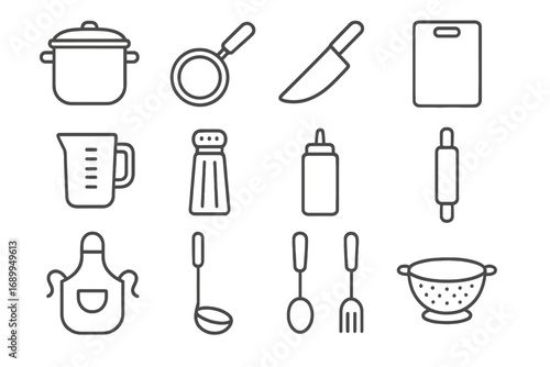 Cooking essentials outline icon set. Kitchen utensil and tools line collection. Vector graphic for culinary, food preparation, restaurant menu and recipe design elements.