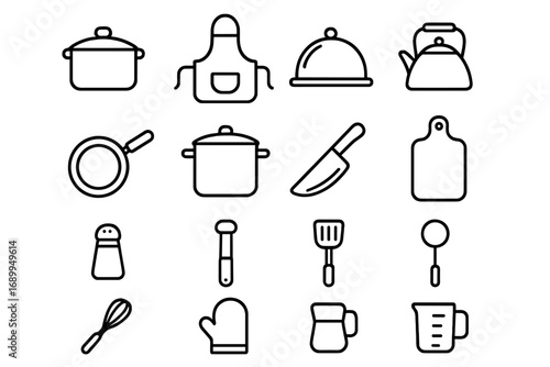 Cooking essentials outline icon set. Kitchen utensil tools line collection. Vector food preparation symbols. Pot, pan, knife, apron for recipe book, menu, culinary website.