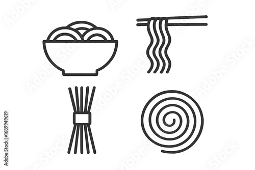 Noodle and pasta icon set. Minimal outline vector symbols for Asian and Italian food. Ramen, spaghetti, udon, soba concepts. Simple line art for restaurant menu, web, apps.