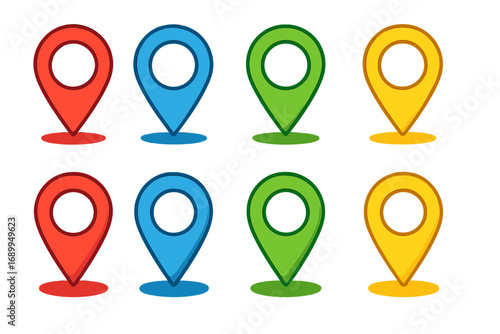 Colorful map markers set. Location pin icon collection. Vector pointer symbol for GPS navigation. Destination point on a map. Red, blue, green, yellow location signs. Modern.