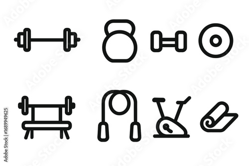 Fitness equipment line icon set. Gym, home workout. Minimalist vector illustration. Bodybuilding, cardio, strength training symbols. Barbell, dumbbell, kettlebell, jump rope.
