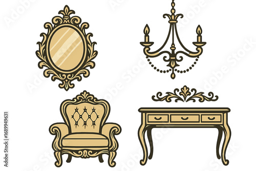 Collection of elegant vintage furniture. Vector set of classic antique interior elements. Ornate rococo mirror, armchair, baroque chandelier and table. Luxury home decor illustration.