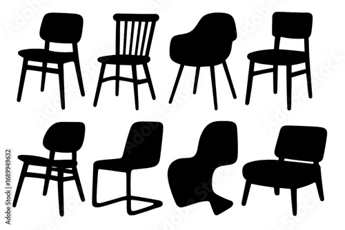 Vector silhouette collection of diverse chair designs in modern and classic furniture styles. Interior design elements set. Home and office seating icons for decor projects.